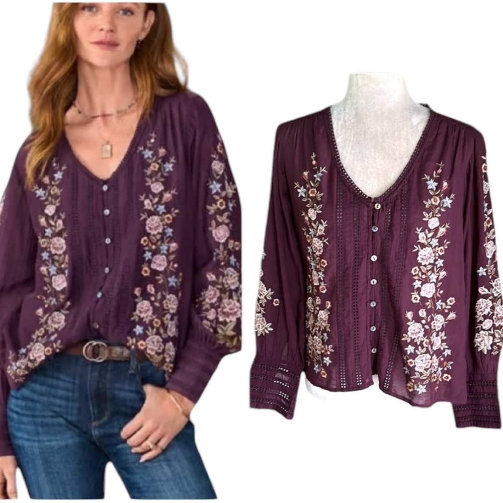Sundance Eggplant Purple Embroidered Eyelet Puff Sleeve Button Front Top - XS